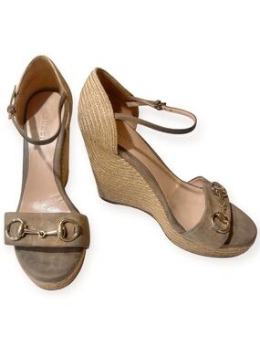 Gucci Carolina Espadrilles Wedge Sandal Size 38 Brown Suede Gold Horsebit 414965